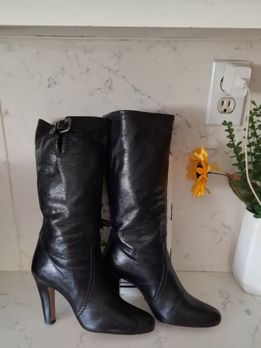 PRADA Black Leather Mid-Calf High-Heel Boots